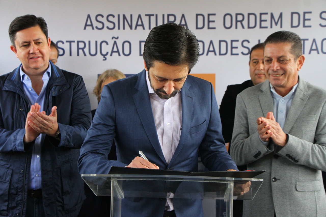 Prefeito Ricardo Nunes no centro assina o termo das unidades. No fundo Presidente da Cohab Alex Peixe e o Secretário Municipal de Habitação João Farias aplaudem